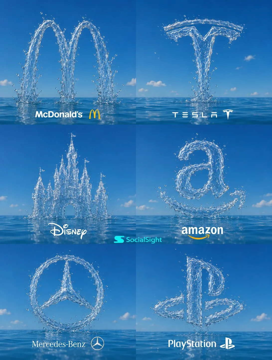 A grid of famous brand logos made of realistic flowing water above the ocean.