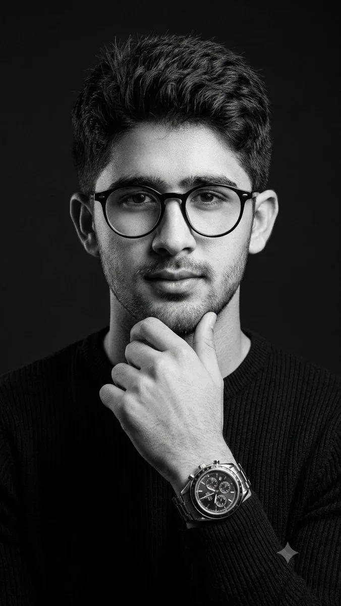 Sophisticated man in a black sweater posing thoughtfully in a monochrome studio portrait.