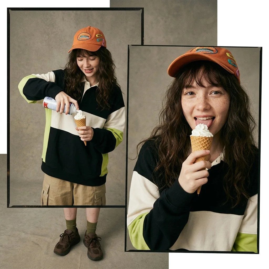 A retro photo collage of a woman in 90s streetwear eating whipped cream.