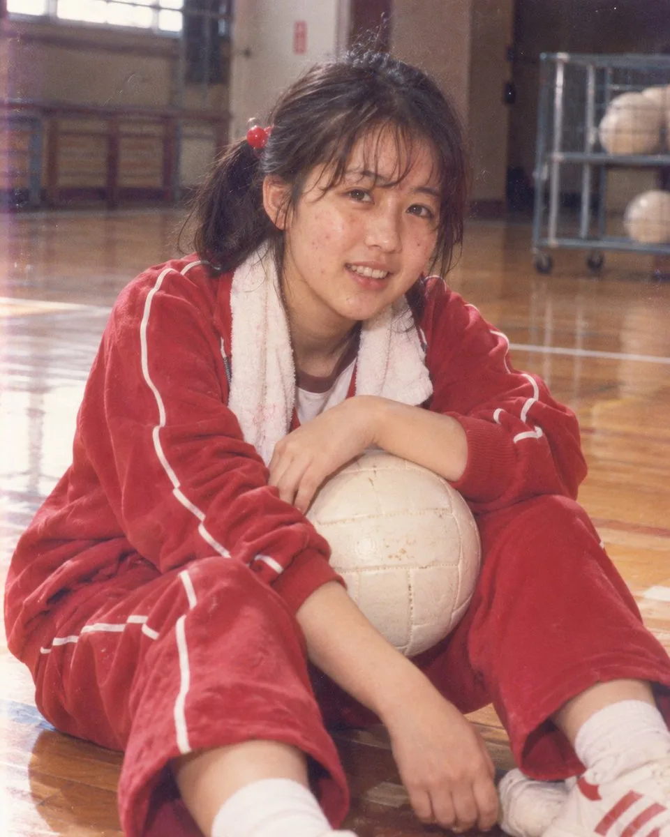 Young Japanese girl in a retro red tracksuit holding a volleyball in a gymnasium.