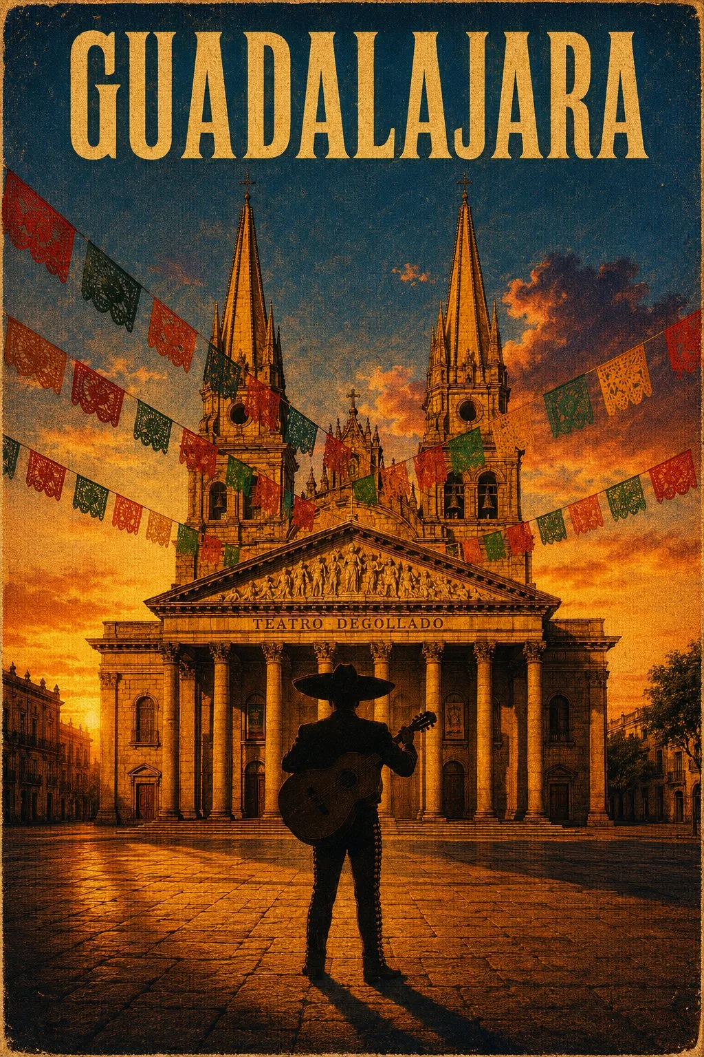 Vintage movie poster of a mariachi silhouette in front of the Teatro Degollado in Guadalajara.