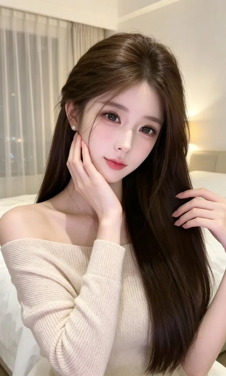 A Korean woman in a cream knit top taking a selfie in a warm bedroom.