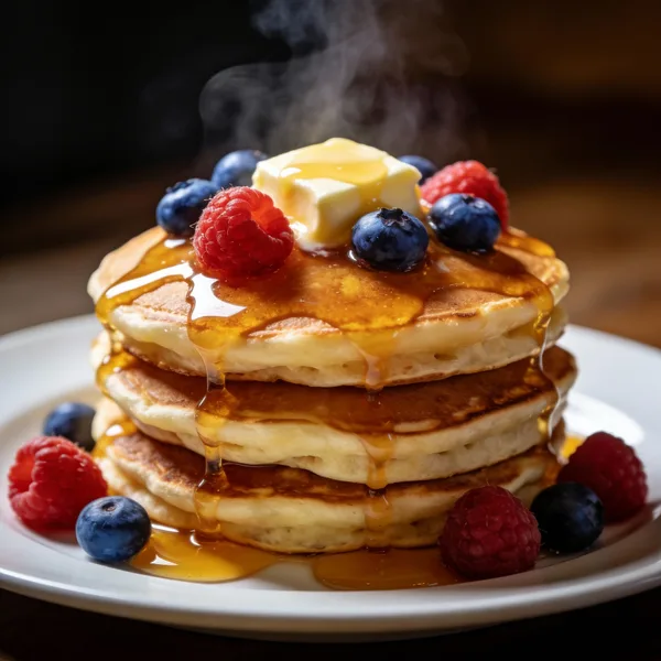 Stack of fluffy pancakes with melting butter, berries, and maple syrup.