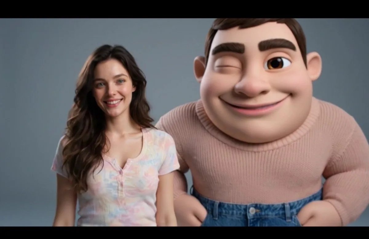 Real person posing with a giant 3D Pixar-style cartoon version of themselves in a studio.