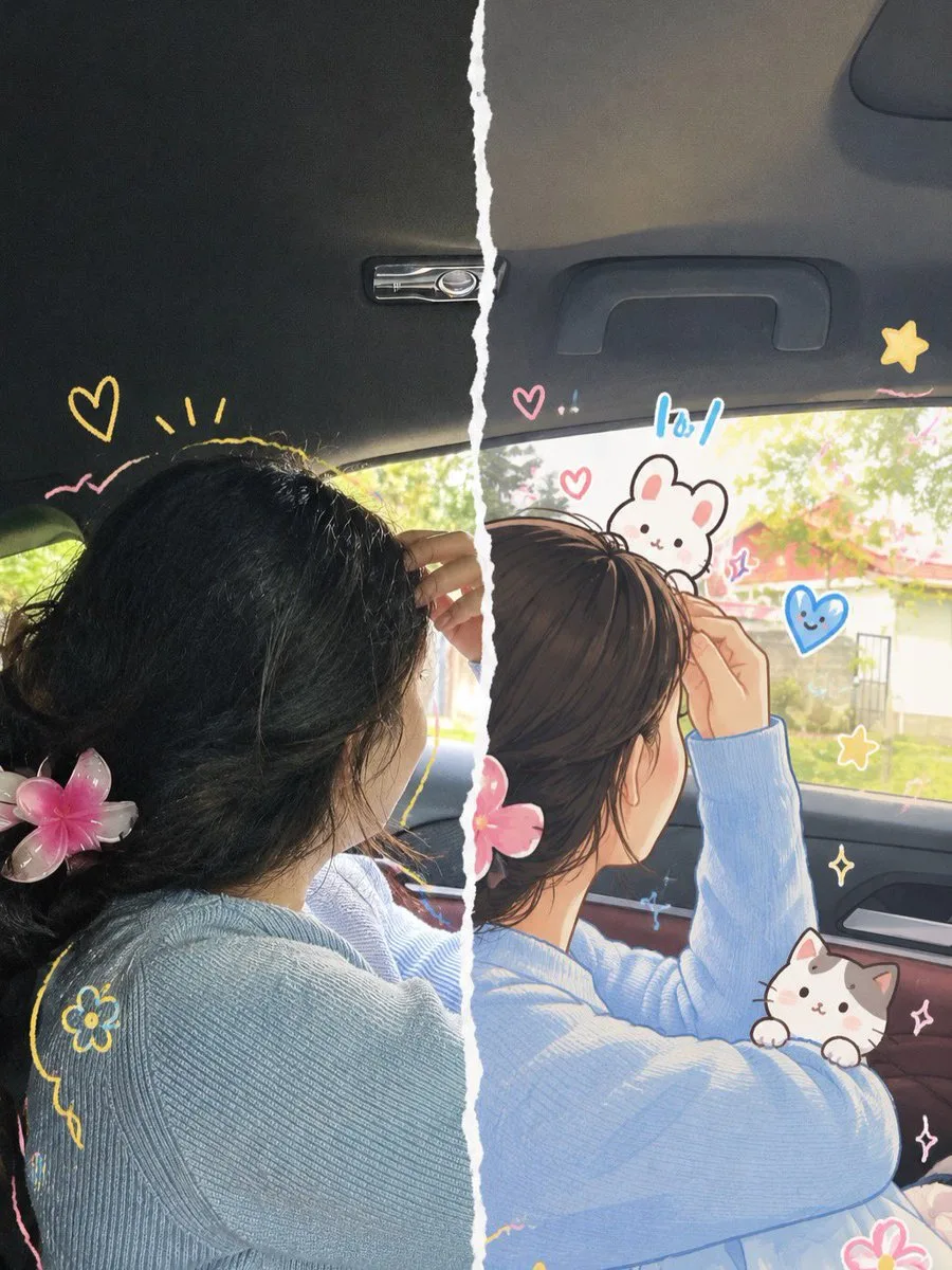 Split-screen portrait blending a realistic photograph and an anime illustration with torn paper effect.