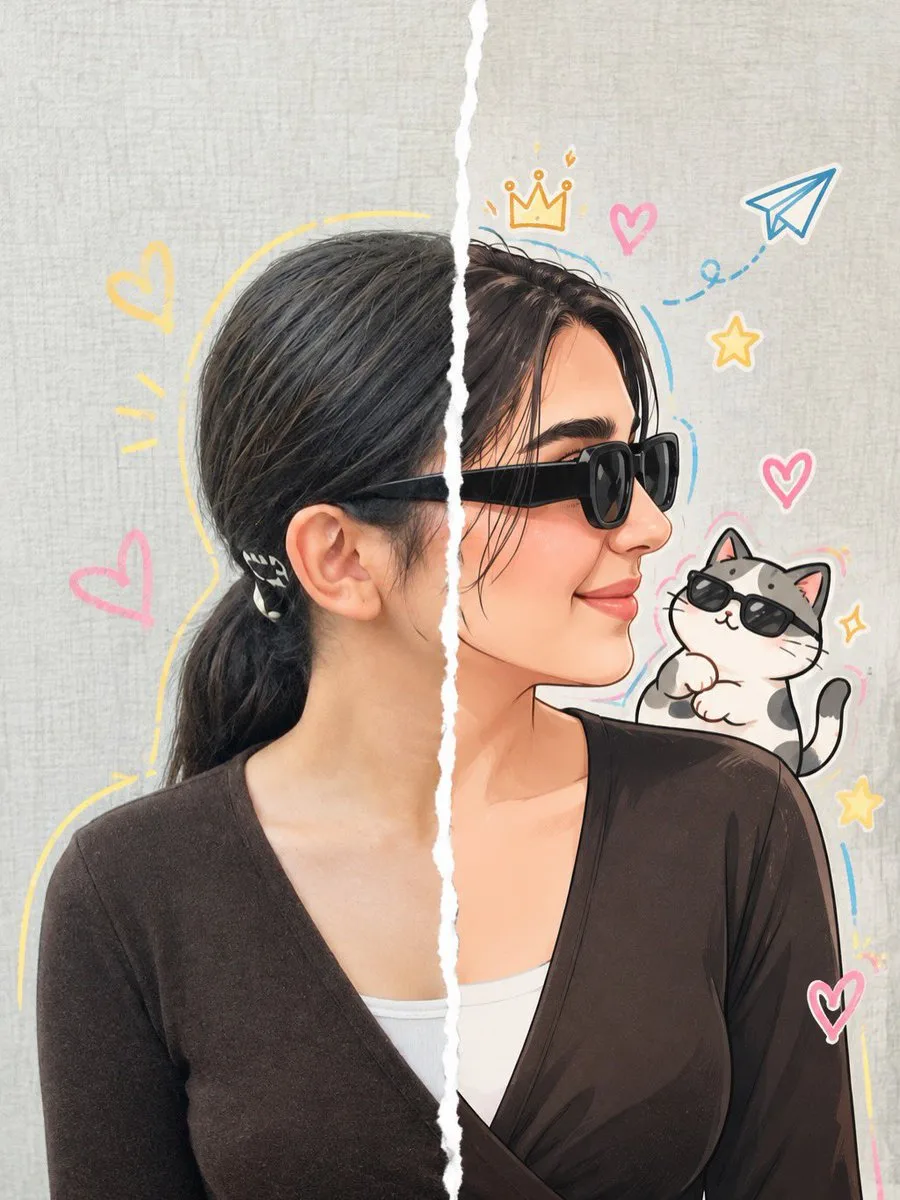 Split-screen portrait blending a realistic photograph and an anime illustration with torn paper effect. (2)