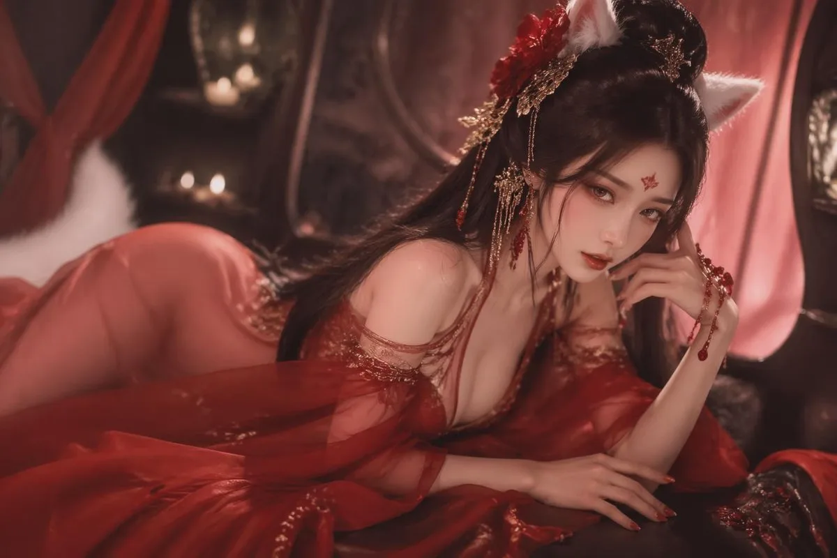 Portrait of an alluring ancient Chinese fox spirit in a translucent red dress.