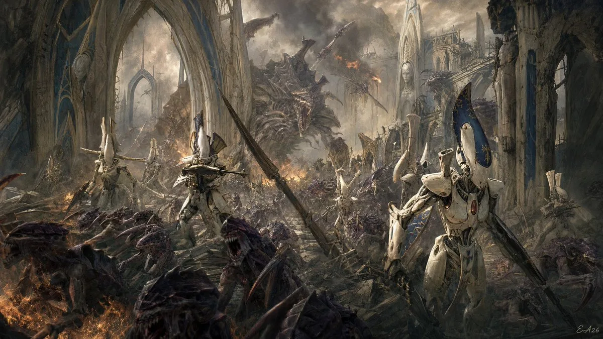 Ghost warriors defending a burning alien craftworld against a Tyranid swarm.