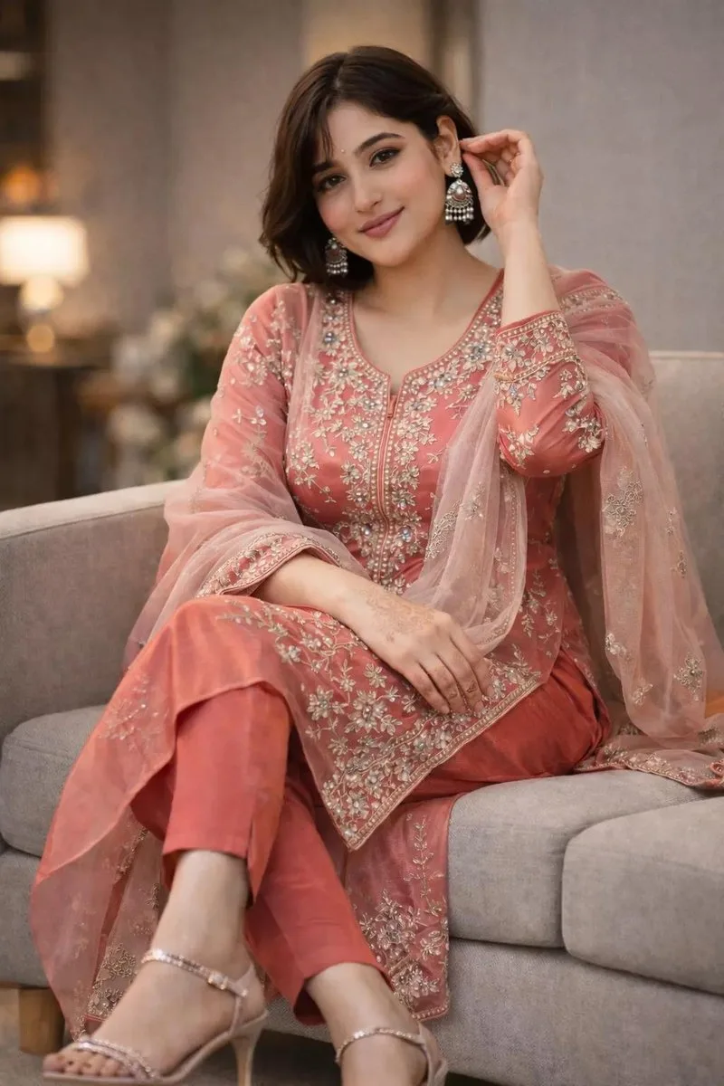South Asian woman in a coral embroidered shalwar kameez sitting on a sofa.