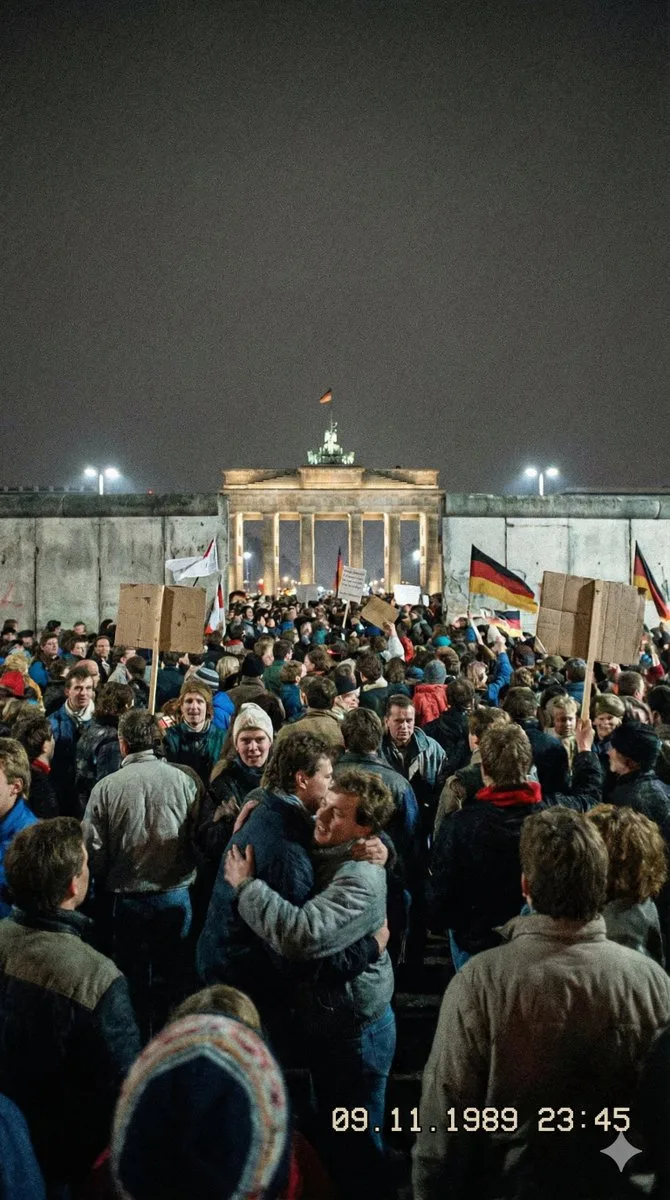 Crowd gathered at the Berlin Wall near Brandenburg Gate in 1989