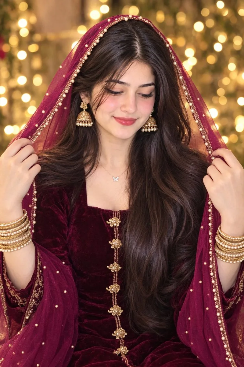 South Asian woman in a burgundy velvet kurta lifting a pearl-embellished magenta veil.
