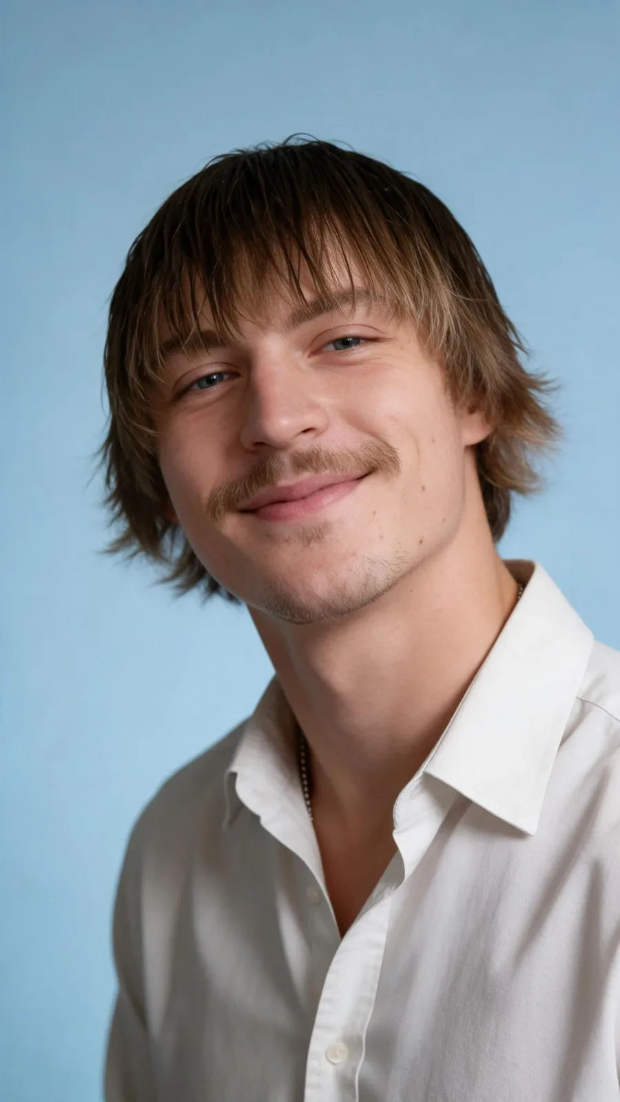 Man in casual business attire with confident smile, soft blue background.