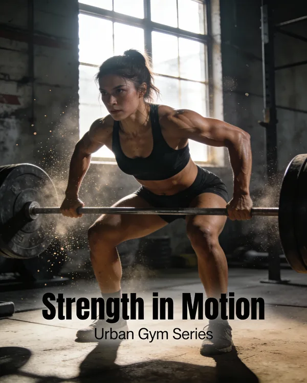 A female athlete lifting a heavy barbell in a gritty urban gym with dramatic lighting.