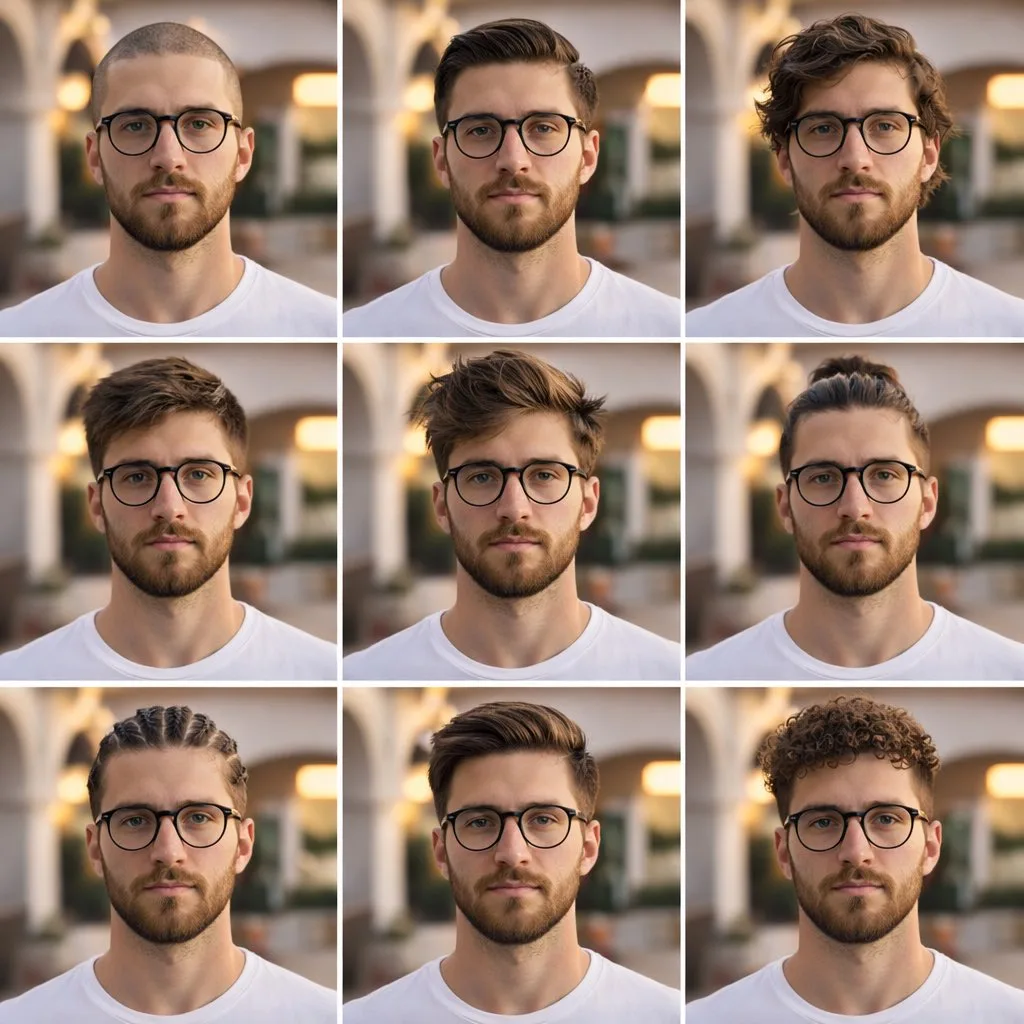 A 3x3 collage of a man showcasing nine different modern hairstyles.
