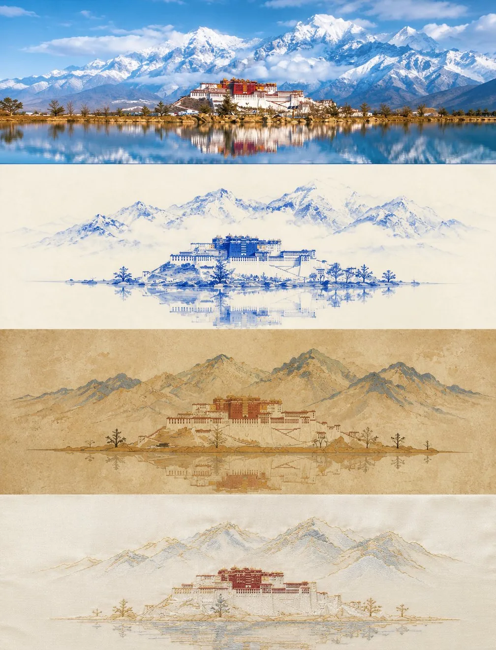 Vertical poster showing a portrait in four styles: photography, porcelain, mural, and embroidery.