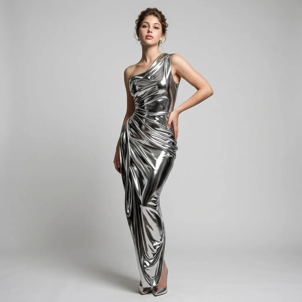 A woman wearing a flowing liquid silver metallic gown in a professional studio setting.