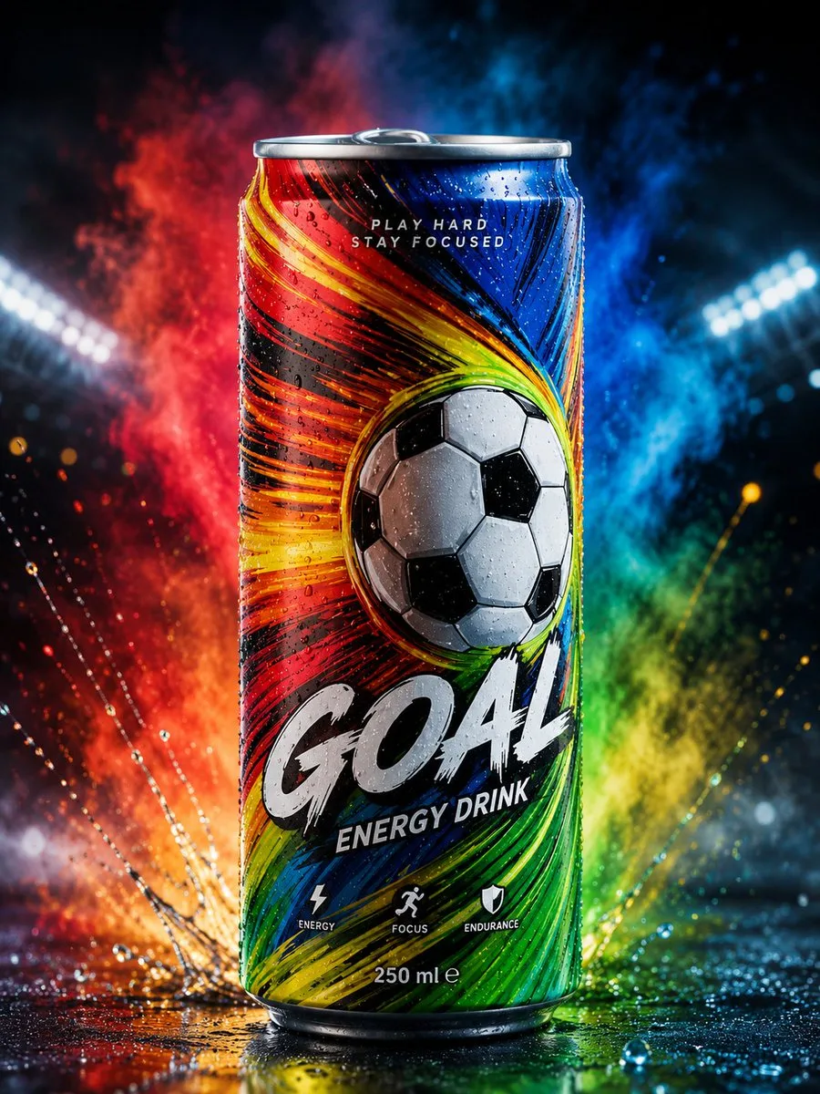 GOAL energy drink can with rainbow graphics and soccer ball in a stadium.
