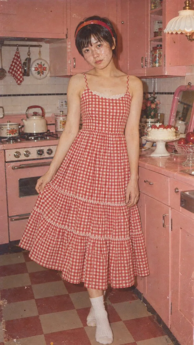 Young woman in a retro red gingham dress inside a vintage pink Showa-era kitchen.