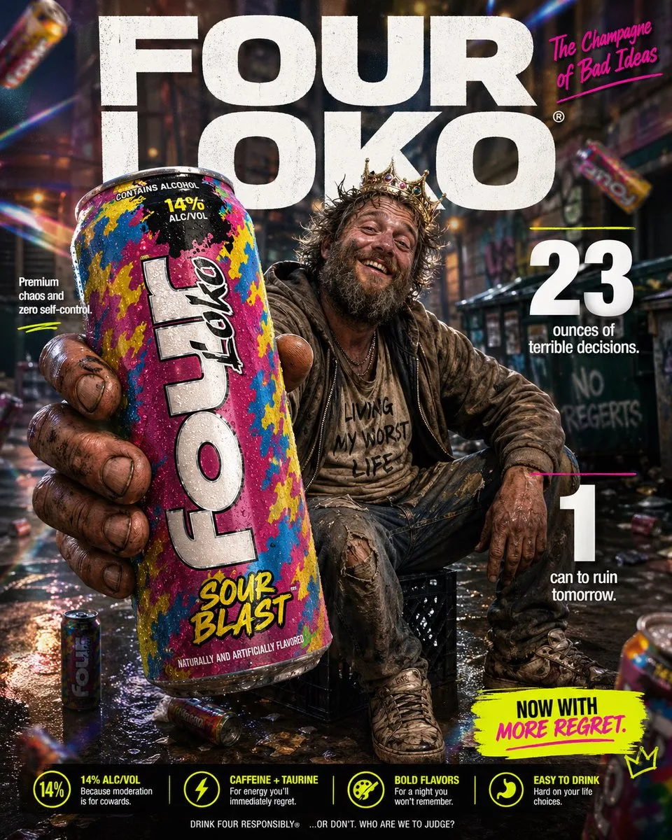 A satirical advertisement featuring a man holding a Four Loko can in a gritty alley.