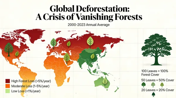 An artistic world map visualization showing global deforestation rates with stylized tree graphics.