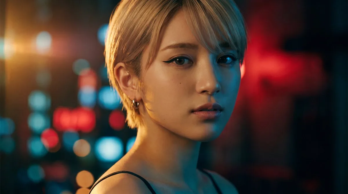 Close-up portrait of a woman with blonde pixie cut under dramatic teal and amber lighting.
