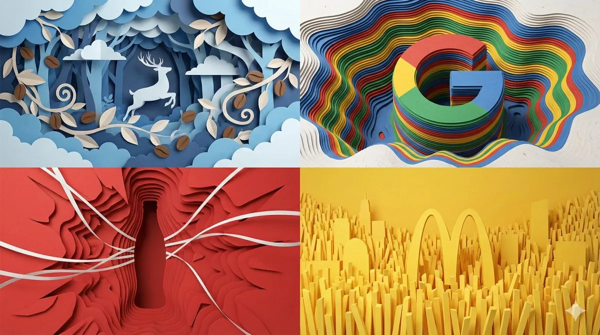 Four quadrants of intricate paper-crafted scenes featuring brand-inspired shapes and textures.