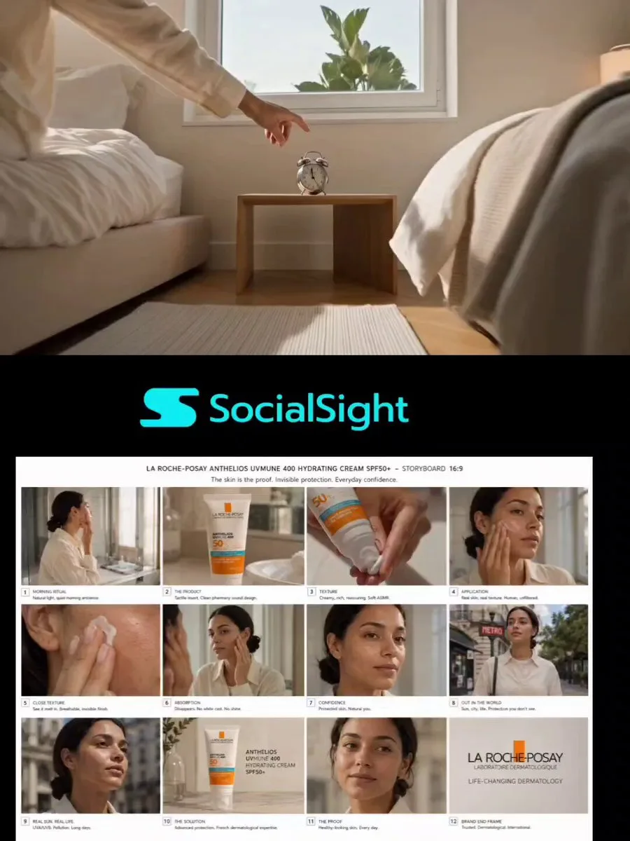 A woman applying hydrating sunscreen to her face in a natural, cinematic skincare commercial setting.