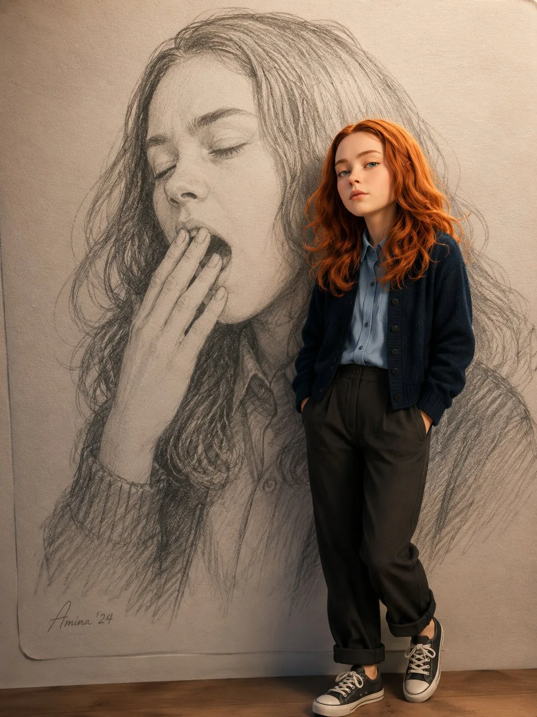 A 3D Pixar-style character standing in front of a large, hand-drawn pencil sketch of a yawning person.