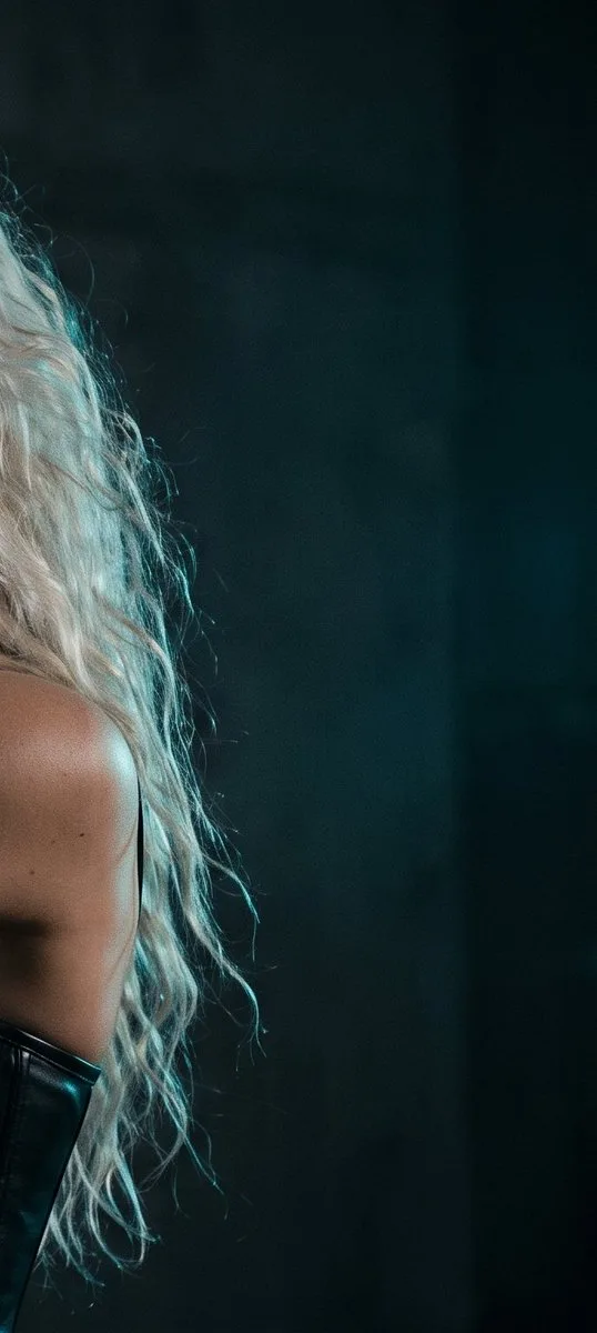 90s action heroine with platinum blonde hair aiming a pistol in an industrial setting. (4)