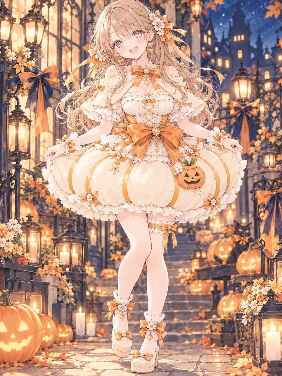 A smiling girl in a beige and orange pumpkin-shaped Halloween dress.