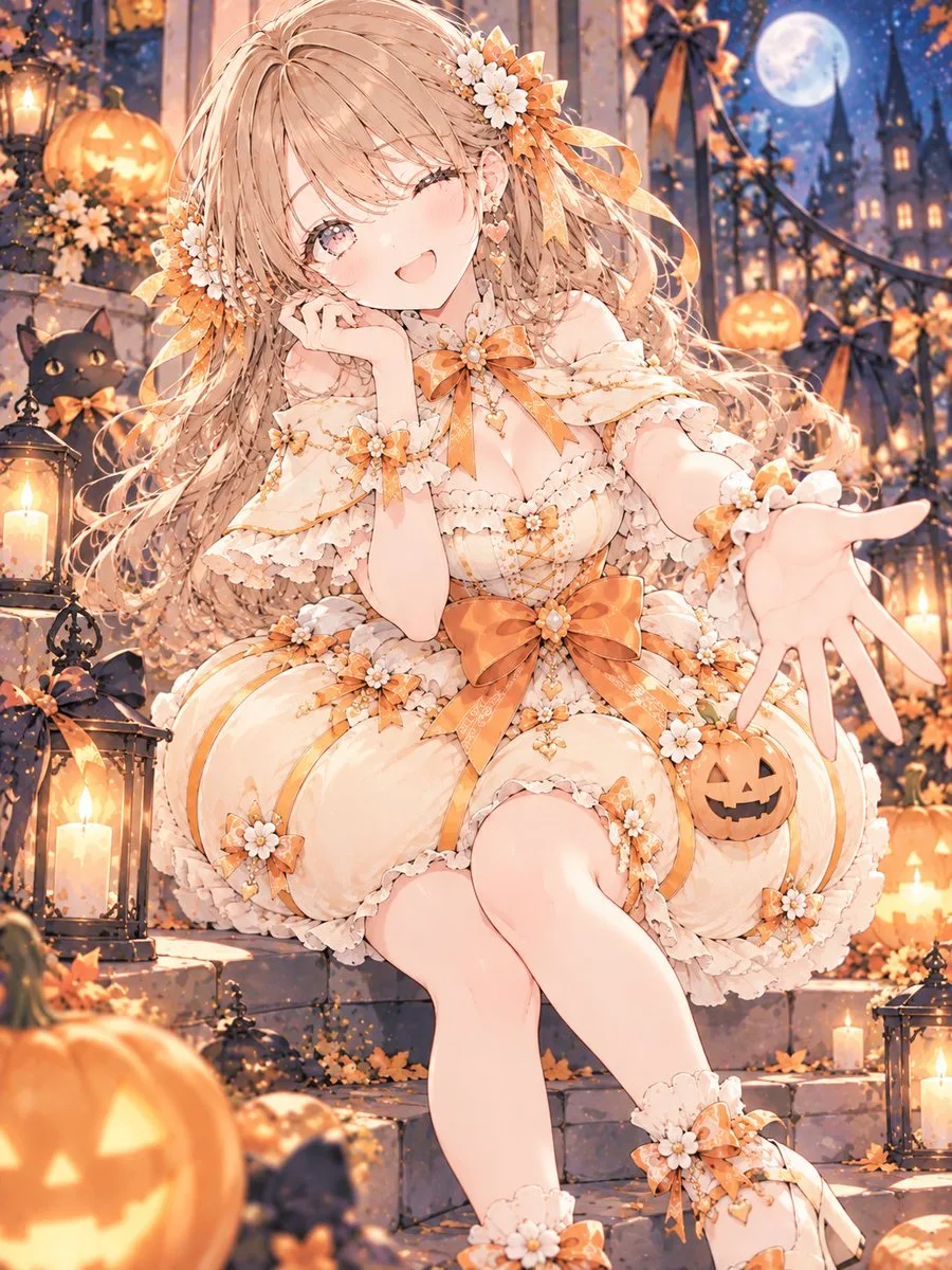 A smiling girl in a beige and orange pumpkin-shaped Halloween dress. (2)