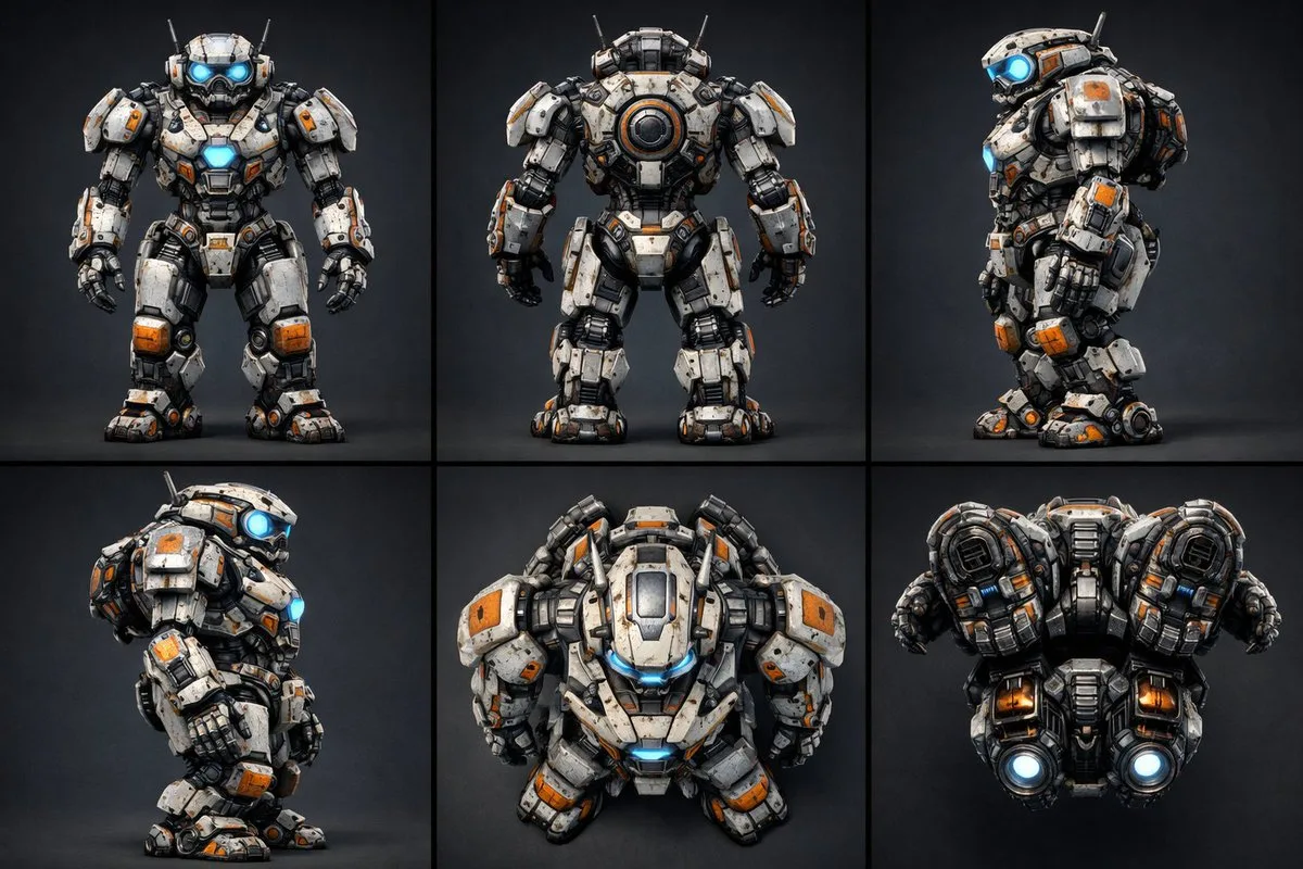 Robot character design sheet with front, back, and side views.