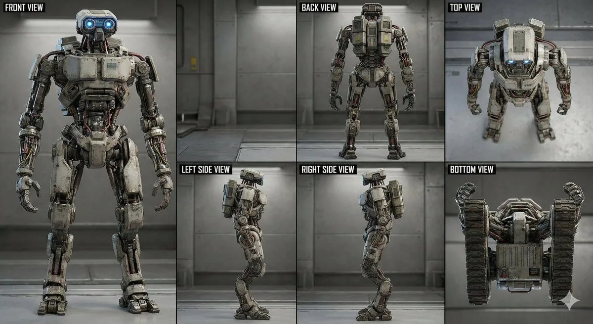 Robot character design sheet with front, back, and side views. (2)