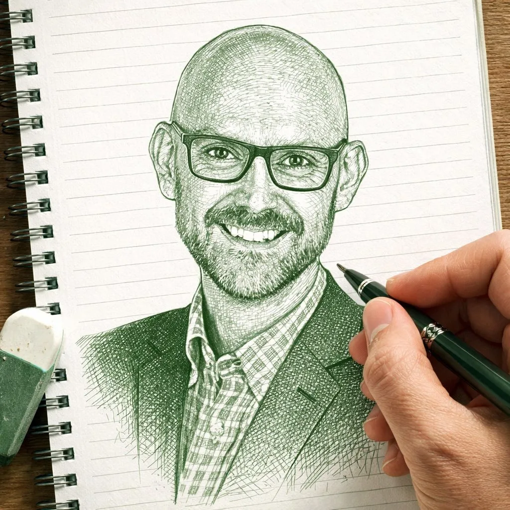 Detailed green and white ink sketch of a face on notebook paper with a hand holding a pen.