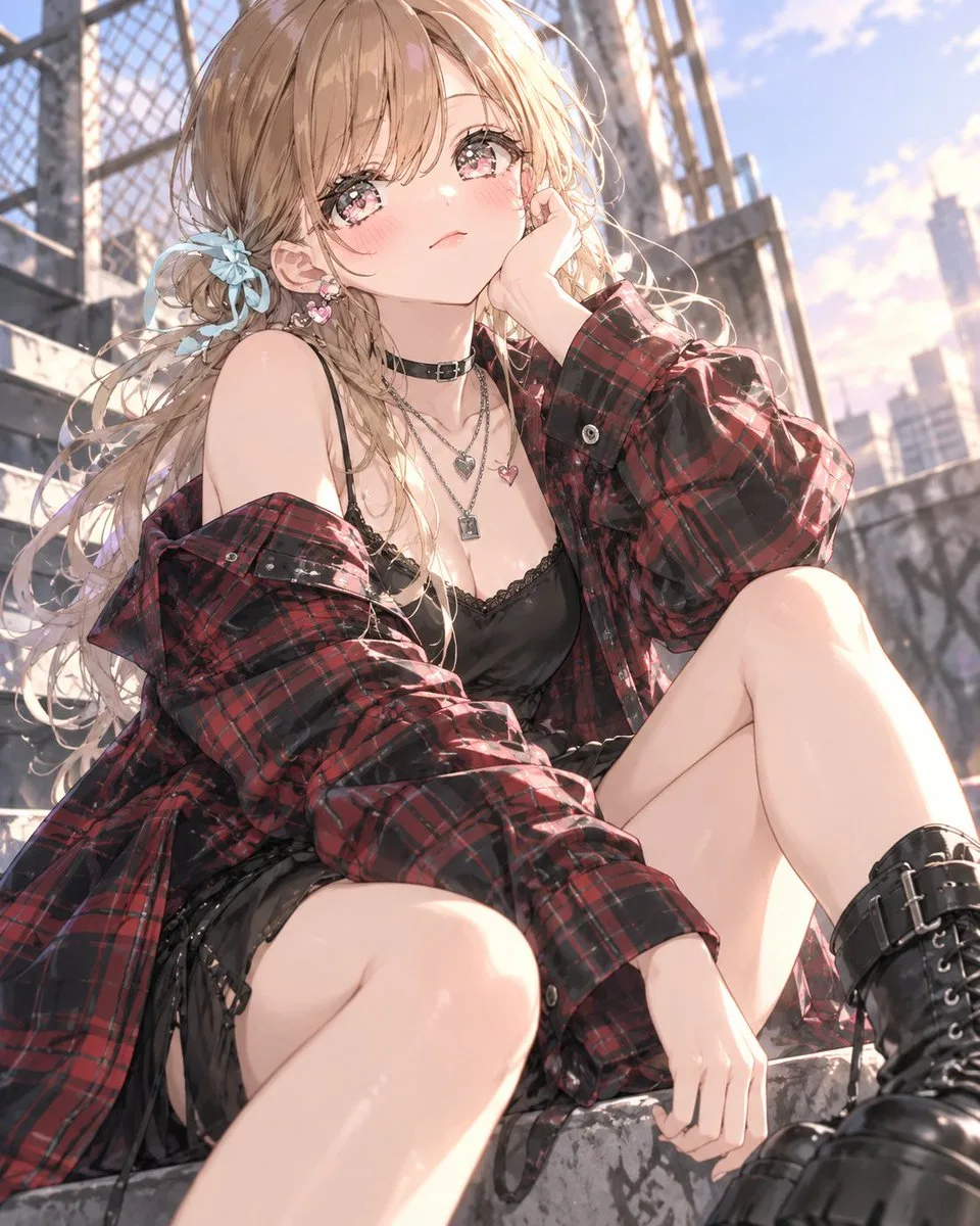 A person wearing a red and black tartan flannel shirt over a black slip dress.