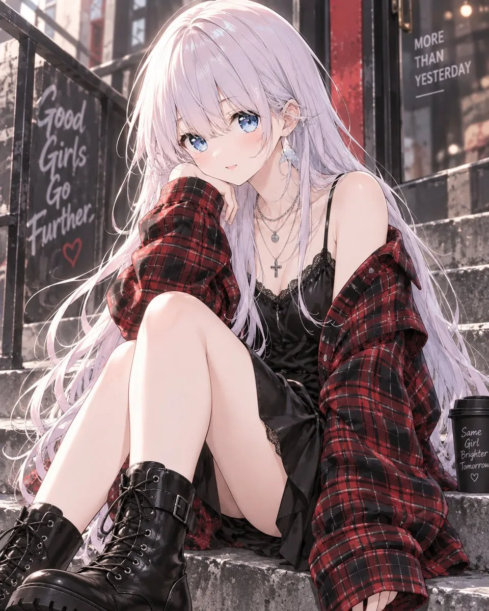 A person wearing a red and black tartan flannel shirt over a black slip dress. (2)
