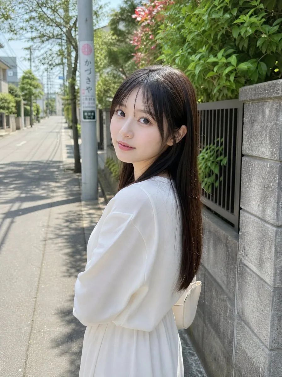 Japanese woman standing on a quiet residential sidewalk