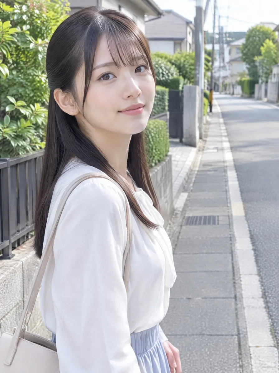 Japanese woman standing on a quiet residential sidewalk (2)