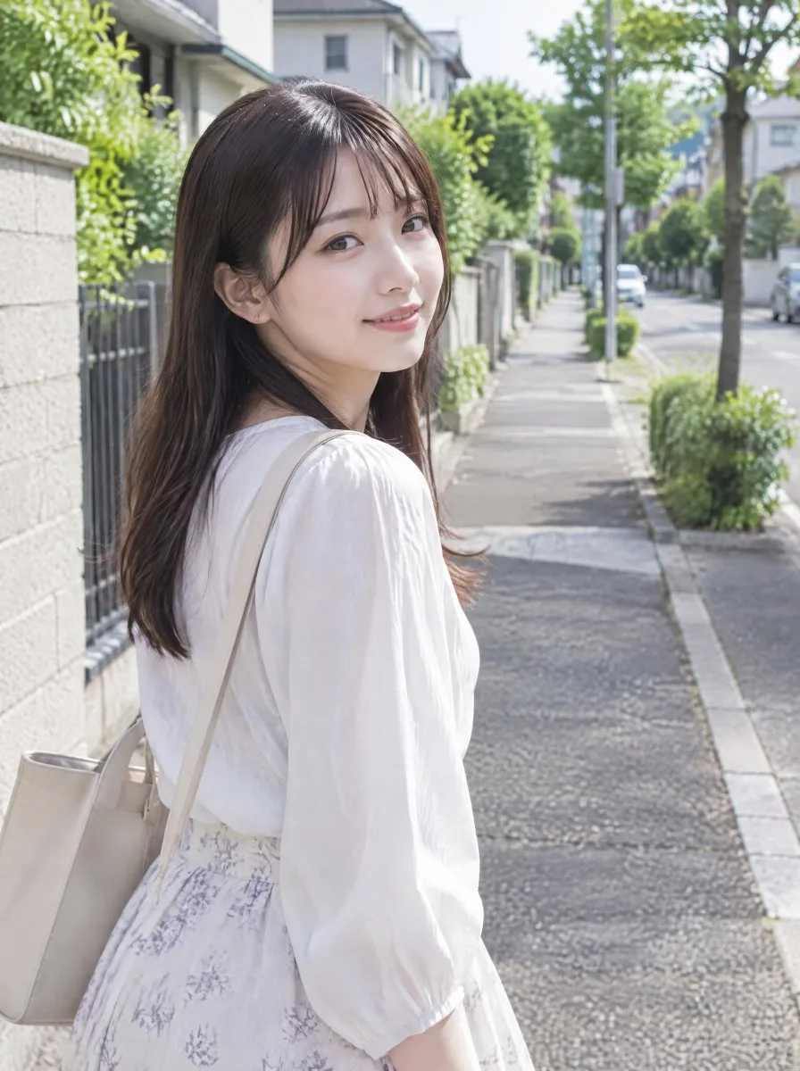 Japanese woman standing on a quiet residential sidewalk (3)