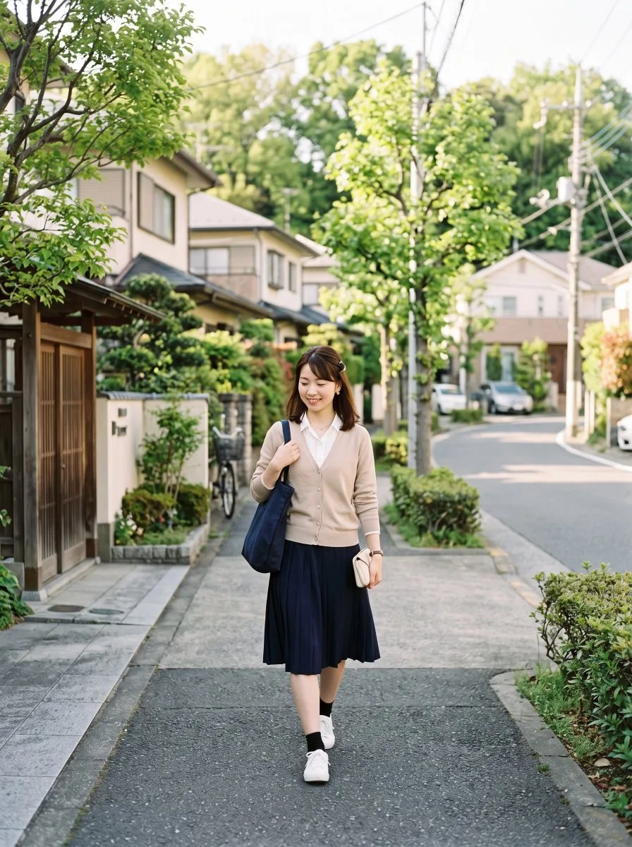 Japanese woman standing on a quiet residential sidewalk (4)