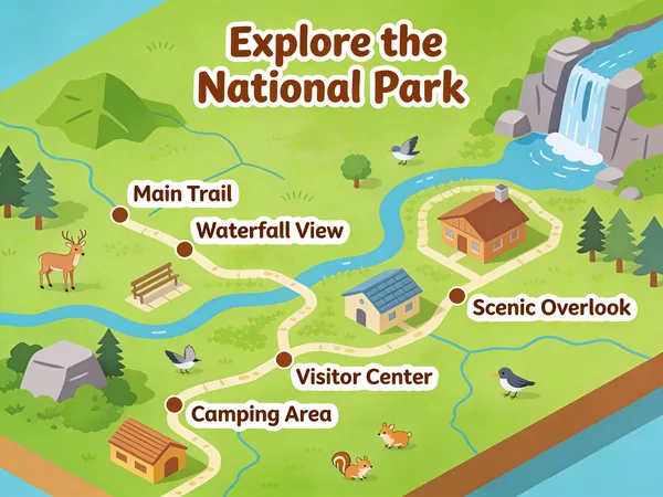 Isometric illustrated map of a national park with trails, landmarks, and wildlife.