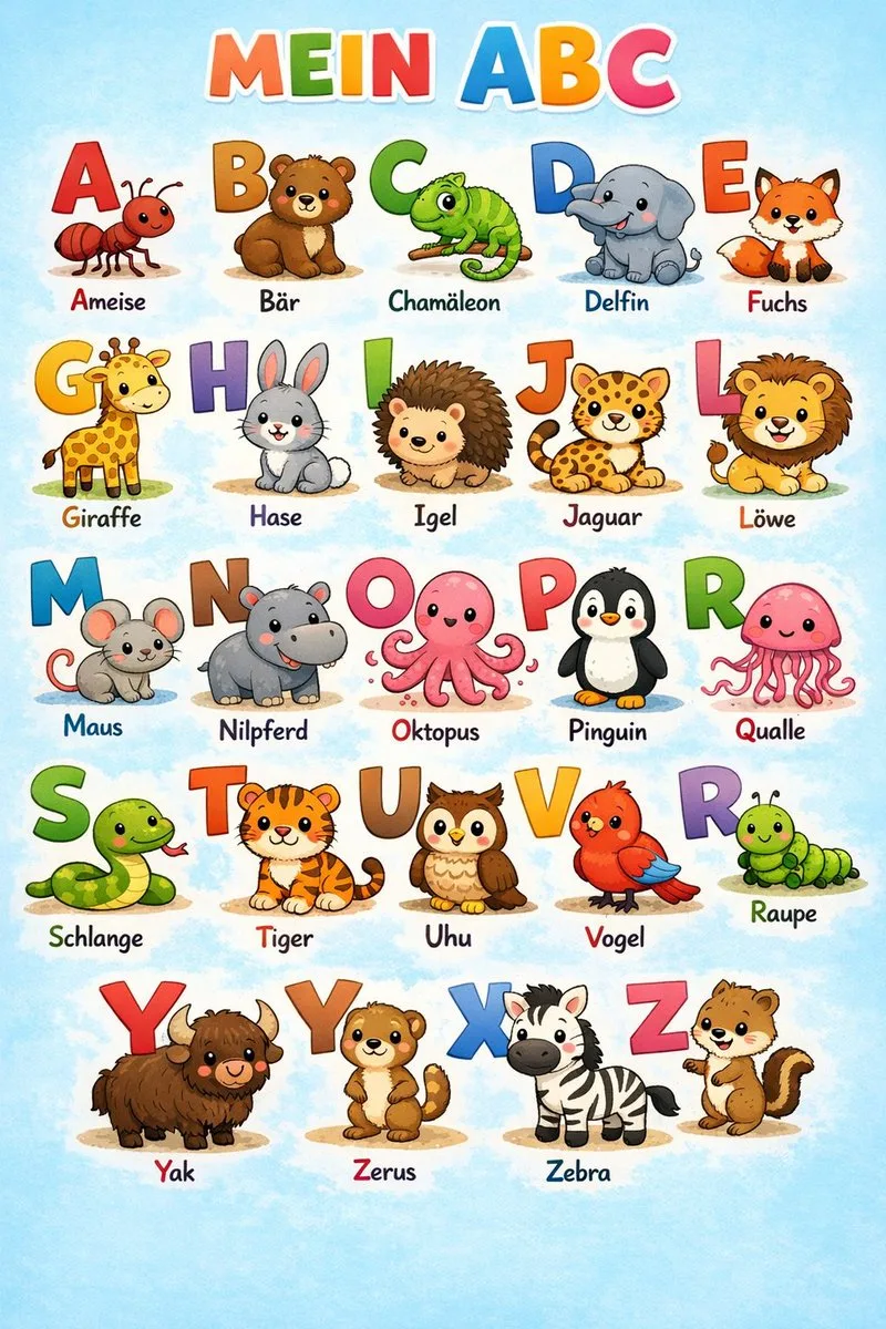 Educational alphabet poster for children featuring cute comic-style animals for every letter.