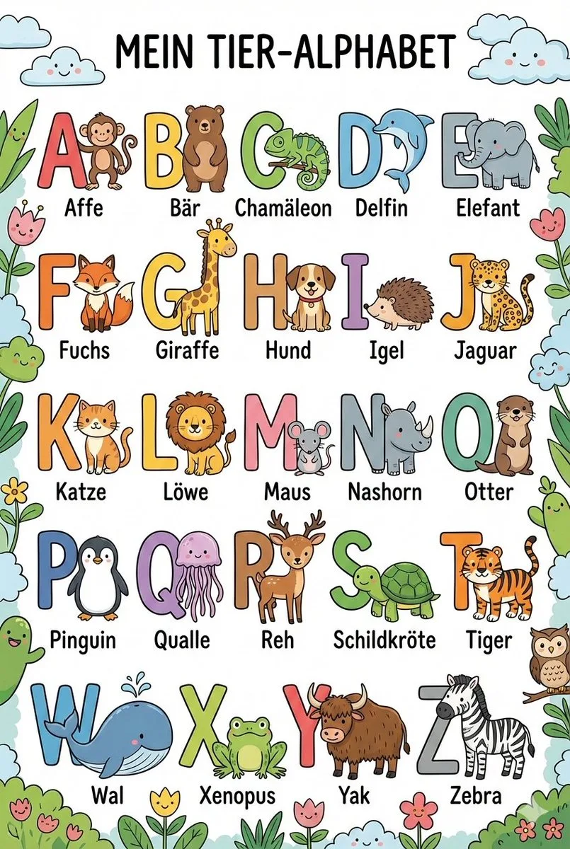 Educational alphabet poster for children featuring cute comic-style animals for every letter. (2)