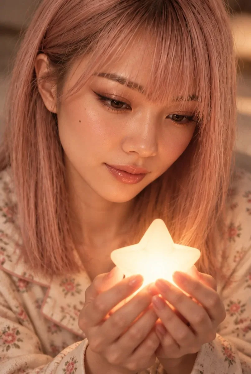 Young woman looking down at a glowing star night light in her hands.