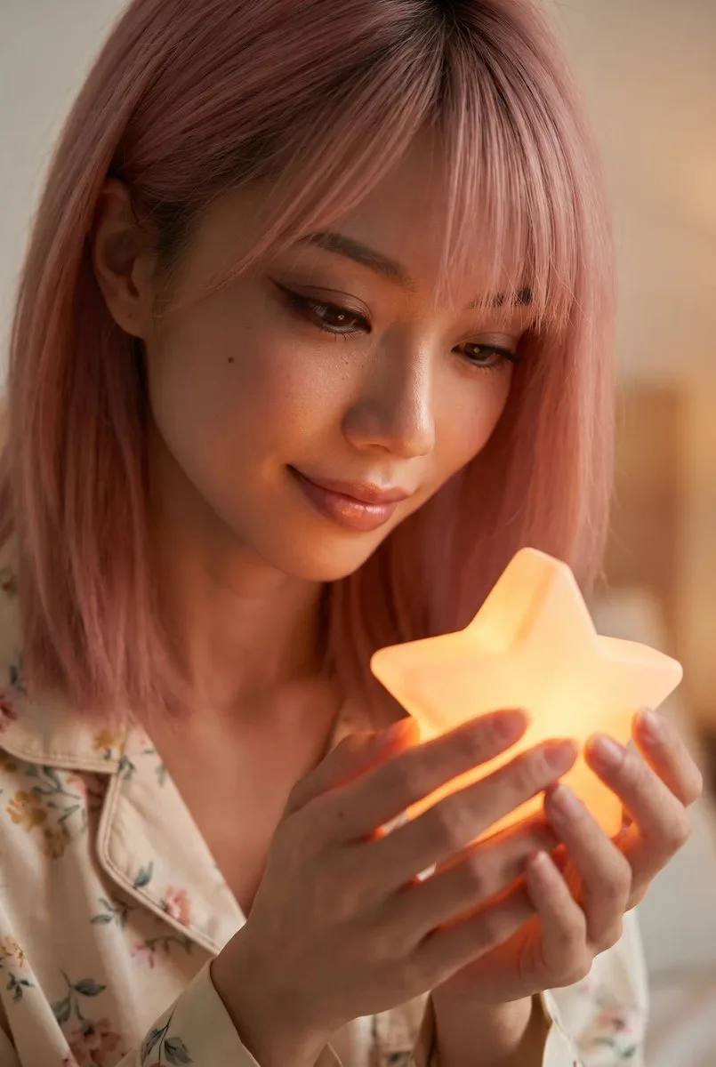 Young woman looking down at a glowing star night light in her hands. (2)