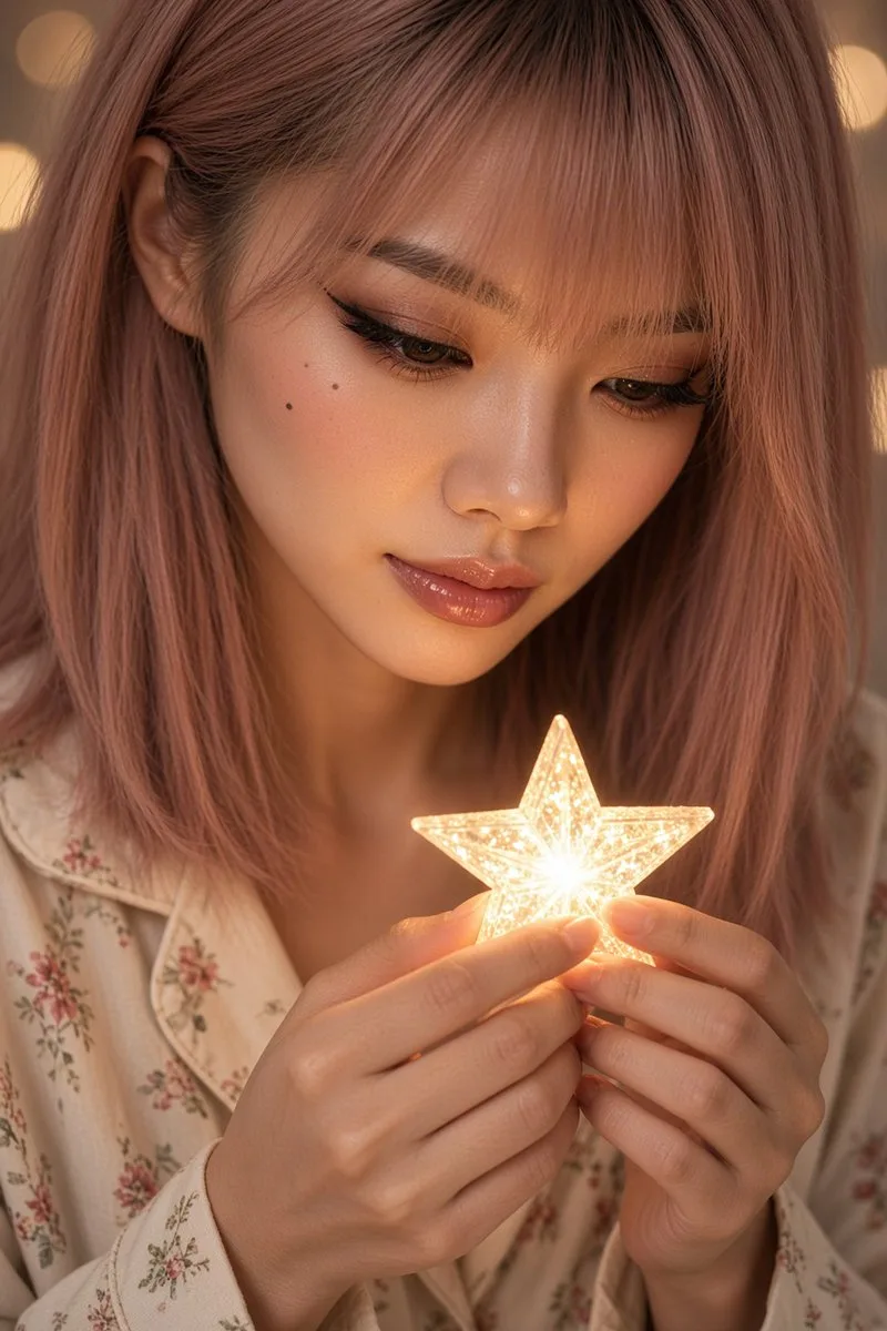 Young woman looking down at a glowing star night light in her hands. (3)