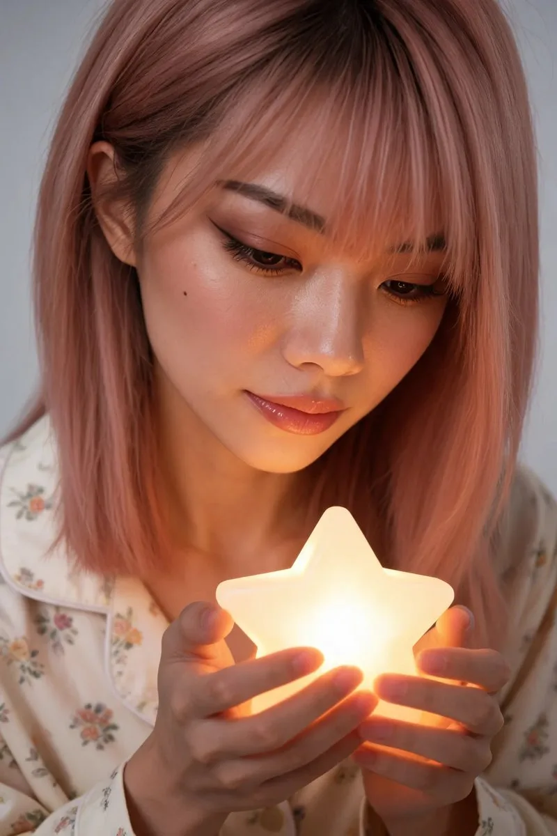 Young woman looking down at a glowing star night light in her hands. (4)