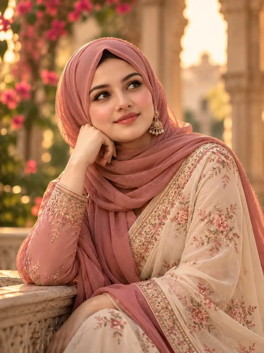 South Asian woman in a pink hijab and embroidered Pakistani dress in a garden.