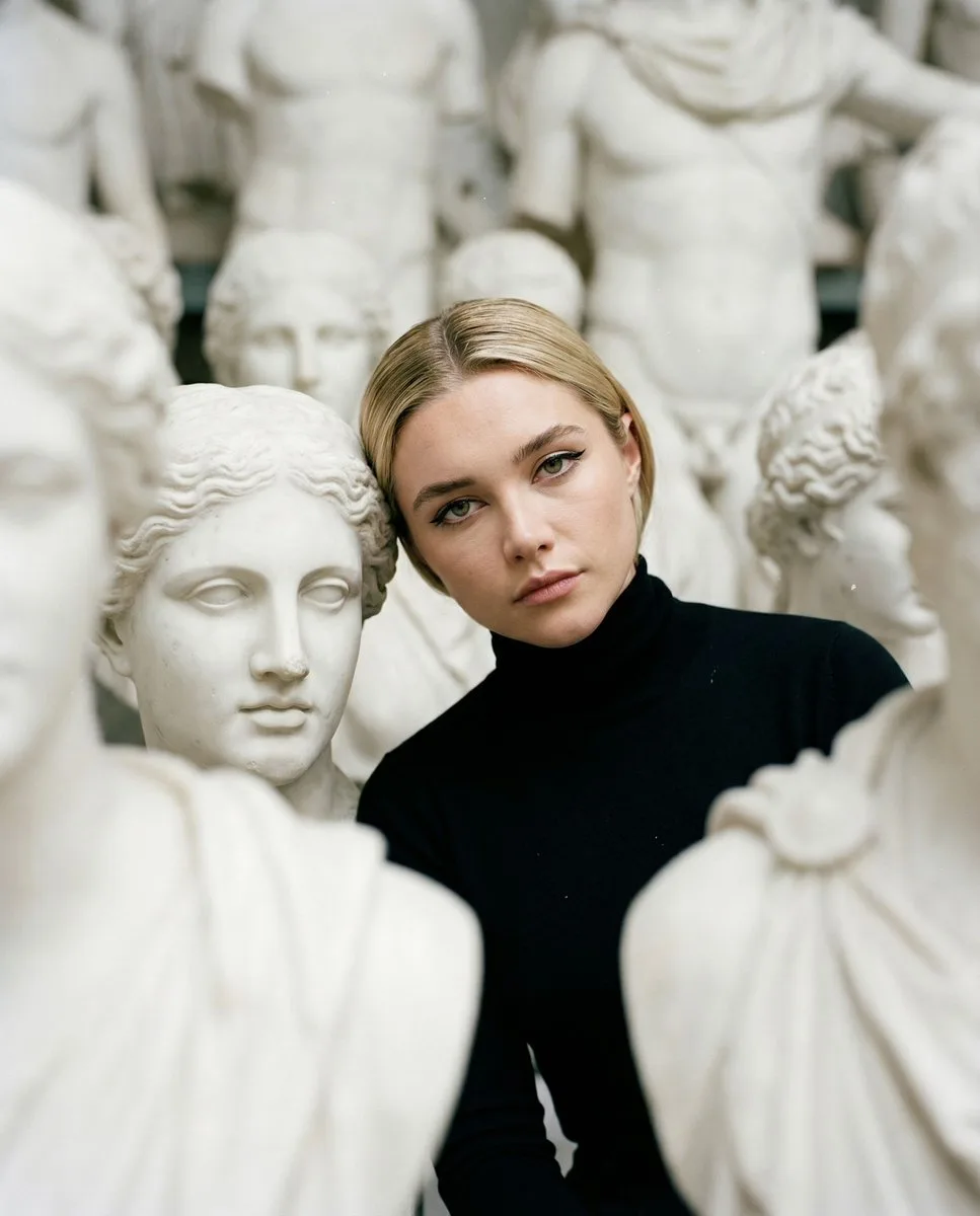 Woman in black turtleneck among dense white marble busts. (2)