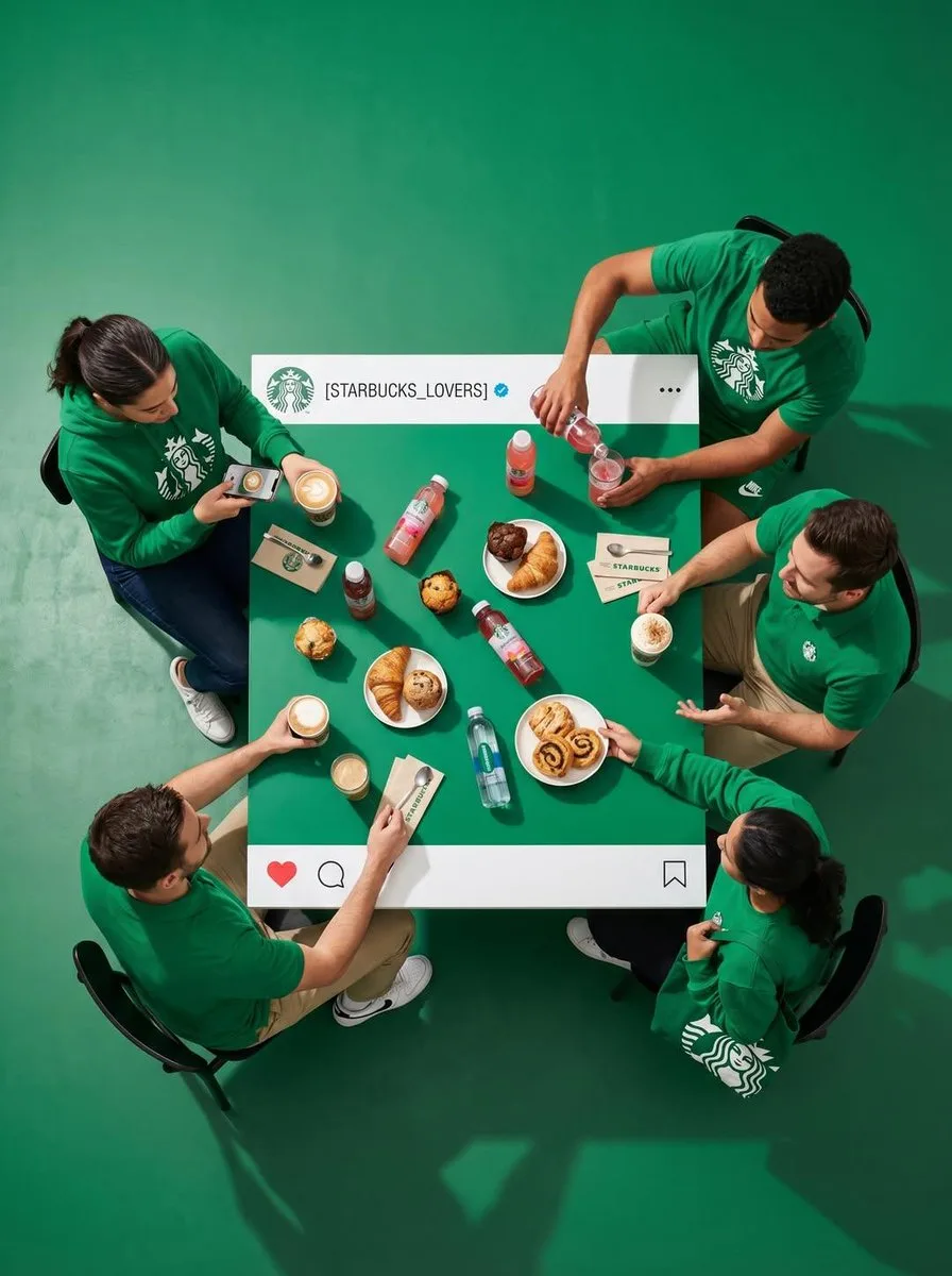 Top-down view of four people at a table designed like a social media post.